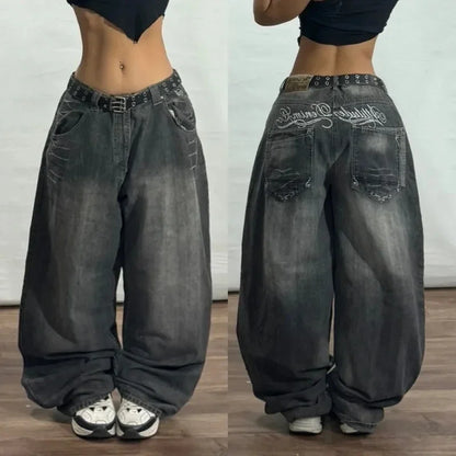2025 New American Trend Vintage Hip-hop Embroidery Pattern Baggy Jeans Men And Women Y2K Harajuku Gothic Wide Pants Streetwear
