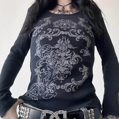 2000s Y2K Cyber Grunge Vintage T-shirt Graphic Print O Neck Long Sleeve Tee Women Slim Fit Crop Tops EGirl Skater Emo Streetwear