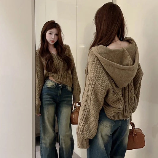 2025 Autumn New Women Solid Color Pullover Sweater Hollow Out Knitted Long Sleeve Cropped Sweater Korean Style Casual Fashion