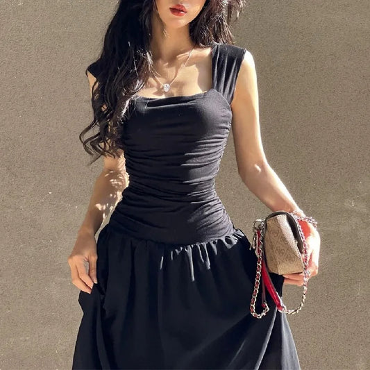 Y2K Wide Strap Panele Chiffon Gather Maxi Dress Folds Formal Summer Vintage Tank Black Dress Women Party Clubwear Long Robe