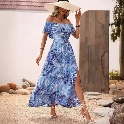 2024 Summer Fashion Printed Dress Sleeveless One-line Collar Ruffled Lace-Up Waist Dress Elegant Commuting Swing Dress