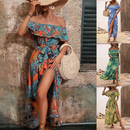 2024 Summer Fashion Printed Dress Sleeveless One-line Collar Ruffled Lace-Up Waist Dress Elegant Commuting Swing Dress