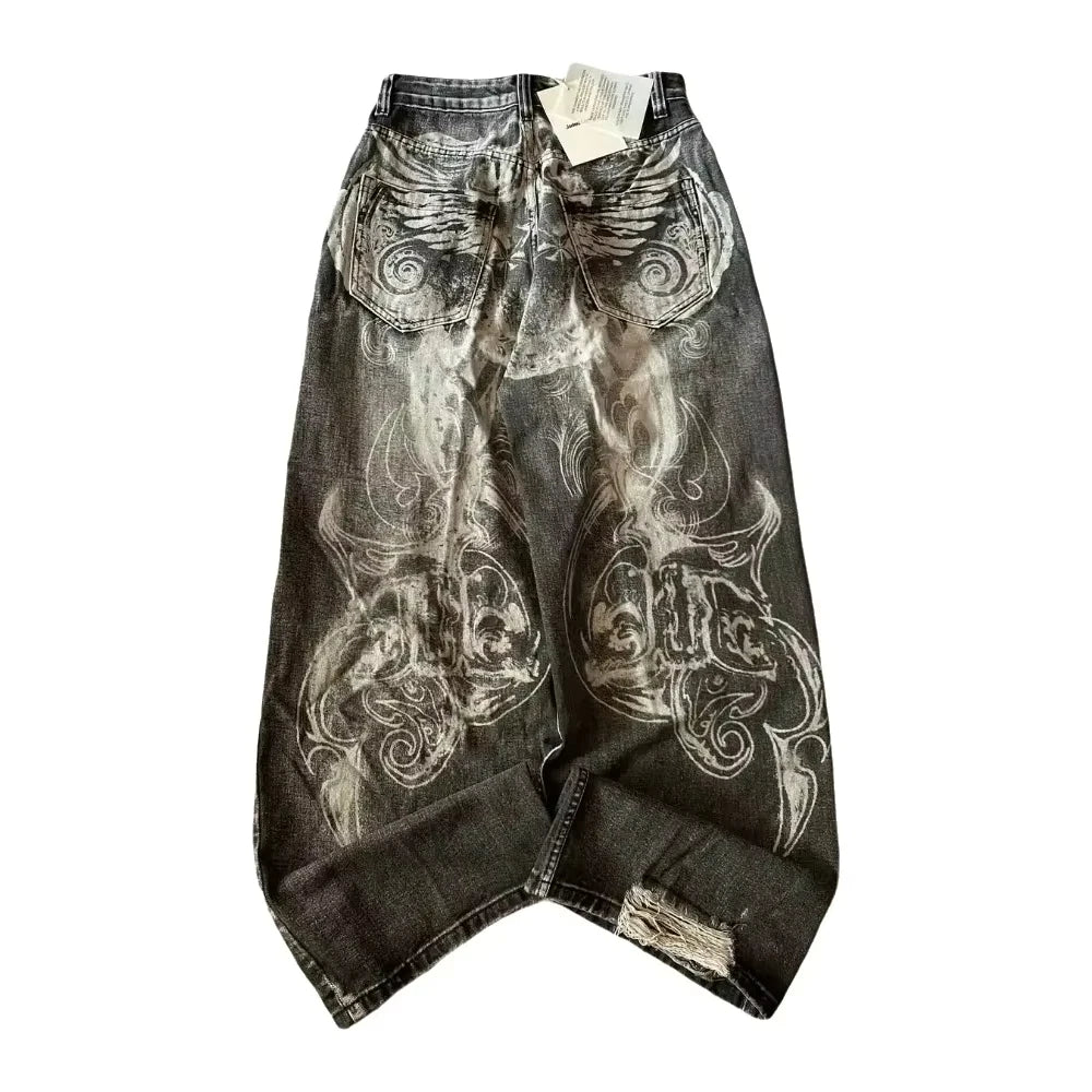 2025 New American Trend Vintage Hip-hop Embroidery Pattern Baggy Jeans Men And Women Y2K Harajuku Gothic Wide Pants Streetwear