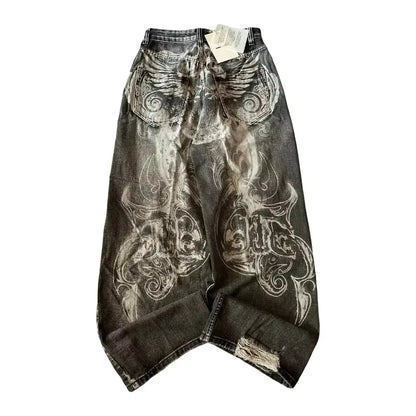 2025 New American Trend Vintage Hip-hop Embroidery Pattern Baggy Jeans Men And Women Y2K Harajuku Gothic Wide Pants Streetwear