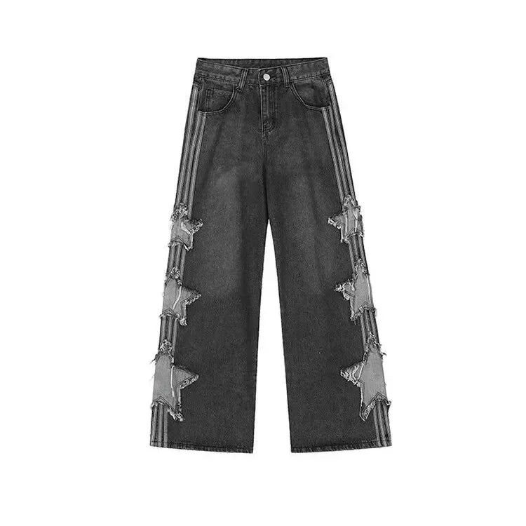 2024 New Vintage Jeans Women's Loose-Fit Wide-Leg Denim Pants Distressed Star-Printed Back Pocket Cotton Fabric Leggings