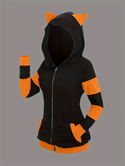 2024 European and American fashion women's new thick cat ears in autumn and winter long color matching hooded sweater coat