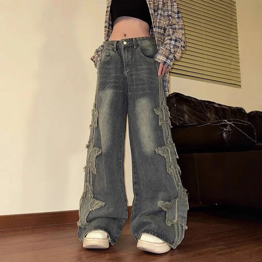 2024 New Vintage Jeans Women's Loose-Fit Wide-Leg Denim Pants Distressed Star-Printed Back Pocket Cotton Fabric Leggings