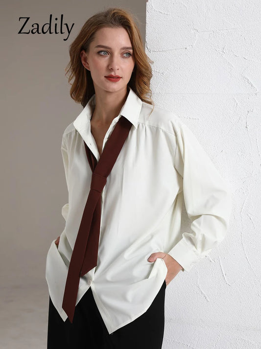 Zadily 2024 Summer Minimalist Long Sleeve Button Up Shirt Women Korean Style Solid Tie Oversize Shirts Blouse Loose Clothes Tops