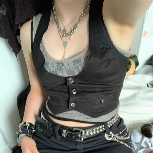 90s 00s Vintage Waistcoat Punk Style Tank Top Y2K Aesthetic Fairycore Grunge Button Up V Neck Skinny Corset Streetwear