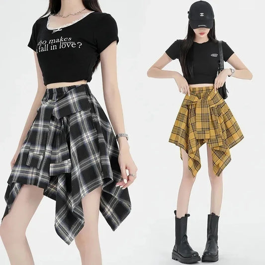 2025 Summer Women Casual Street Fashion Irregular Plaid Skirt Bow-knot Elastic Waist Mini Shirts Teenagers Girls Hip Hop Clothes