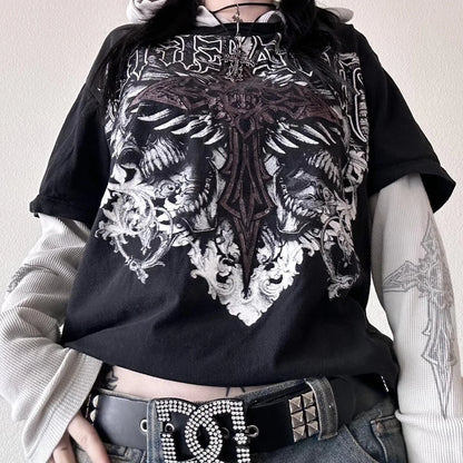 2000s Y2K Cyber Grunge Vintage T-shirt Graphic Print O Neck Long Sleeve Tee Women Slim Fit Crop Tops EGirl Skater Emo Streetwear