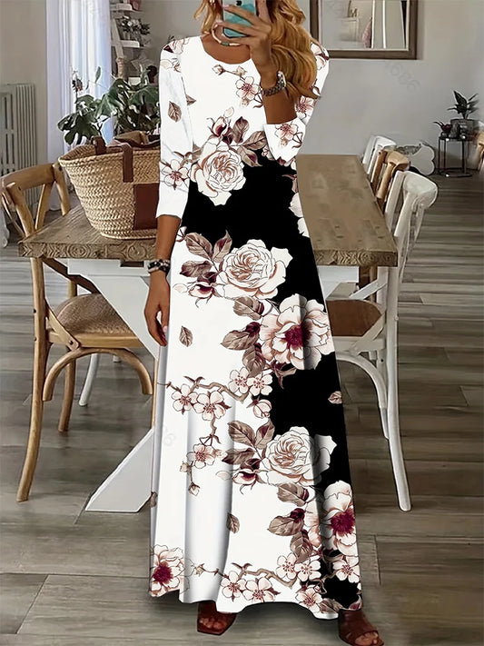 2024 Spring and Summer New Women's l Printed Pattern V-neck Dress Temperament Elegant Long Sleeve Round Neck Dresses