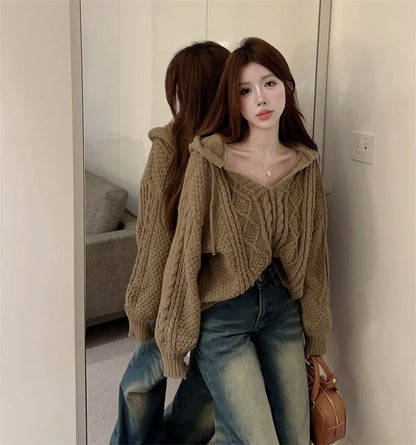 2025 Autumn New Women Solid Color Pullover Sweater Hollow Out Knitted Long Sleeve Cropped Sweater Korean Style Casual Fashion