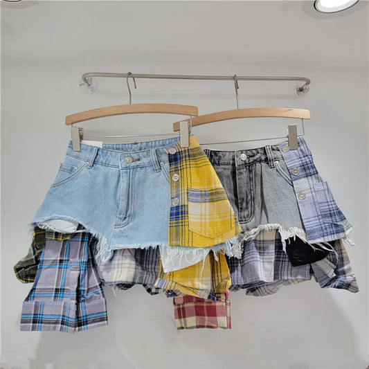 YEAE plaid patchwork irregular denim shorts women's fashion high-waisted A-word denim shorts skirt 2024 summer