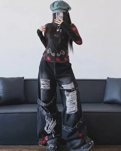 90s Skeleton Handprint Wide Leg Jeans High Street Niche Design Dark Tone Flared Hem Long Pants Streetwear Chic Drop Crotch