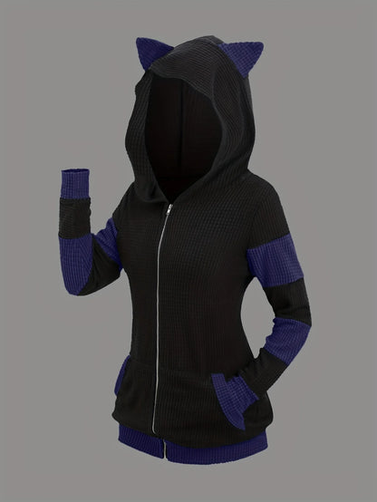 2024 European and American fashion women's new thick cat ears in autumn and winter long color matching hooded sweater coat