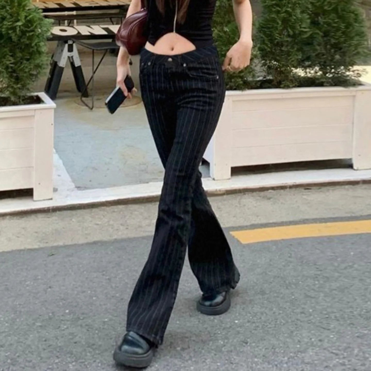 2000s Clothes Y2k Low Rise Boot Cut Jeans Woman Casual Black Striped Denim Trousers Streetwear Flare Pants P77-DD25