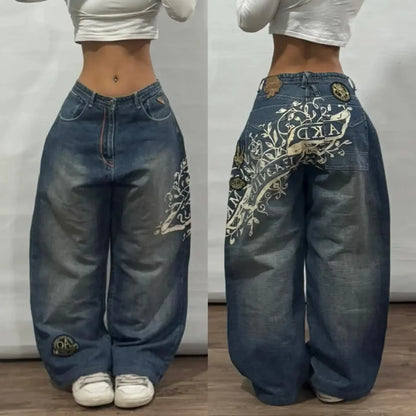 2025 New American Trend Vintage Hip-hop Embroidery Pattern Baggy Jeans Men And Women Y2K Harajuku Gothic Wide Pants Streetwear