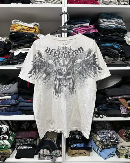 2025 Fall Affliction Red Long sleeved T shirt Round Neck Oversized shirt Casual Gothic Skull Holy Writ Letter Tops Streetwear
