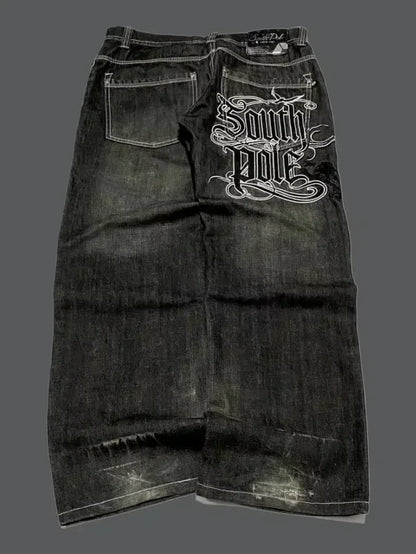 2025 New American Trend Vintage Hip-hop Embroidery Pattern Baggy Jeans Men And Women Y2K Harajuku Gothic Wide Pants Streetwear