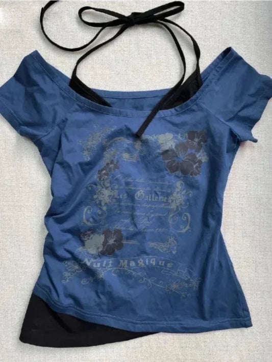 2025 Summer Vintage Fake Two Piece Halter Lace Up T-shirts Y2k Slim Fit Print Tops Women Off Shoulder Short Sleeve Tee Shirt