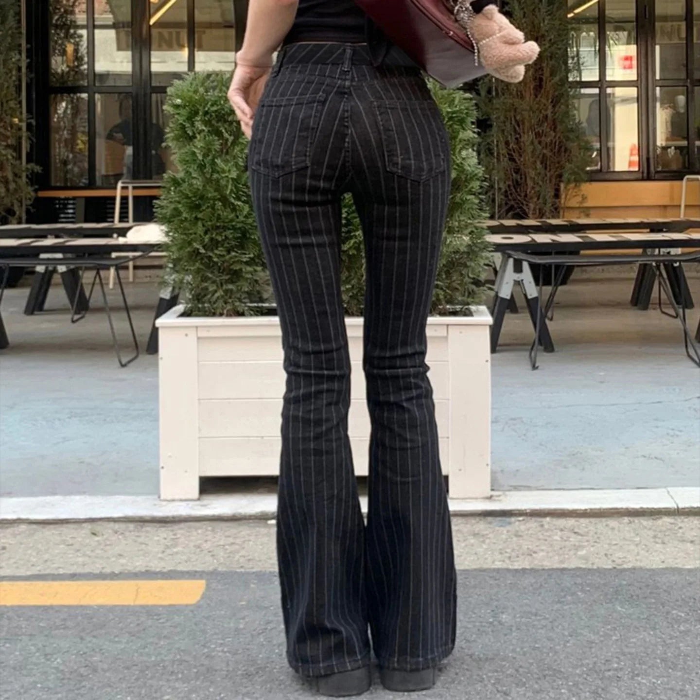 2000s Clothes Y2k Low Rise Boot Cut Jeans Woman Casual Black Striped Denim Trousers Streetwear Flare Pants P77-DD25