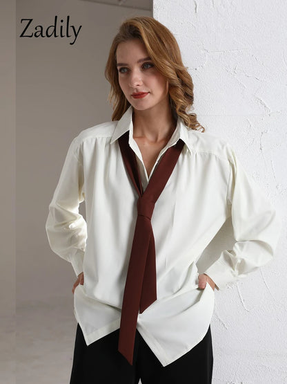 Zadily 2024 Summer Minimalist Long Sleeve Button Up Shirt Women Korean Style Solid Tie Oversize Shirts Blouse Loose Clothes Tops