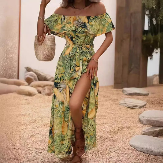 2024 Summer Fashion Printed Dress Sleeveless One-line Collar Ruffled Lace-Up Waist Dress Elegant Commuting Swing Dress