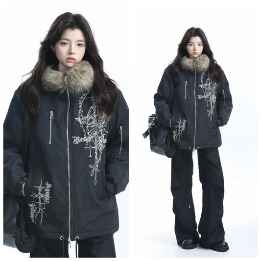 American Vintage Faxu Fur Jacket Hooded Women 2025 Autumn Cotton Coats Outwear Design Subculture Gothic Sweatshirts Harajuku