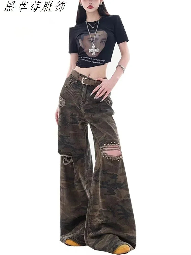 90s Skeleton Handprint Wide Leg Jeans High Street Niche Design Dark Tone Flared Hem Long Pants Streetwear Chic Drop Crotch