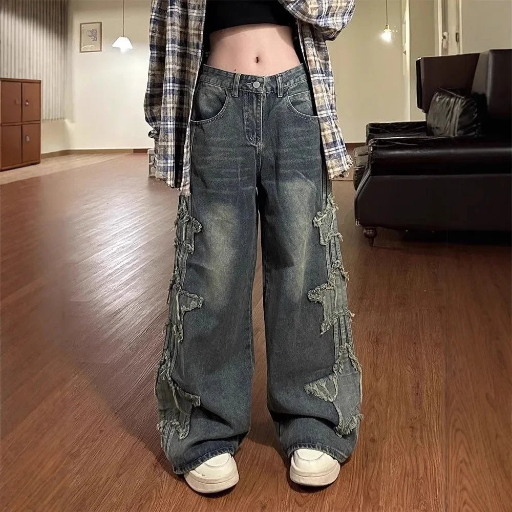 2024 New Vintage Jeans Women's Loose-Fit Wide-Leg Denim Pants Distressed Star-Printed Back Pocket Cotton Fabric Leggings