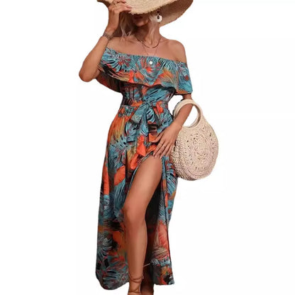 2024 Summer Fashion Printed Dress Sleeveless One-line Collar Ruffled Lace-Up Waist Dress Elegant Commuting Swing Dress