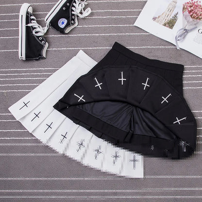 2024 Women Harajuku Sweet Fresh Feeling High Waist Pleated Skirt Elastic Waist Cross Embroidery Skirt black skirt Pleated Skirt