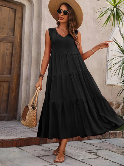 2024 Women Dress Summer Casual Brand Vacation Holiday Beach Long Dresses V-neck Loose Elegant Yellow Black RUFFLES Dress Femme