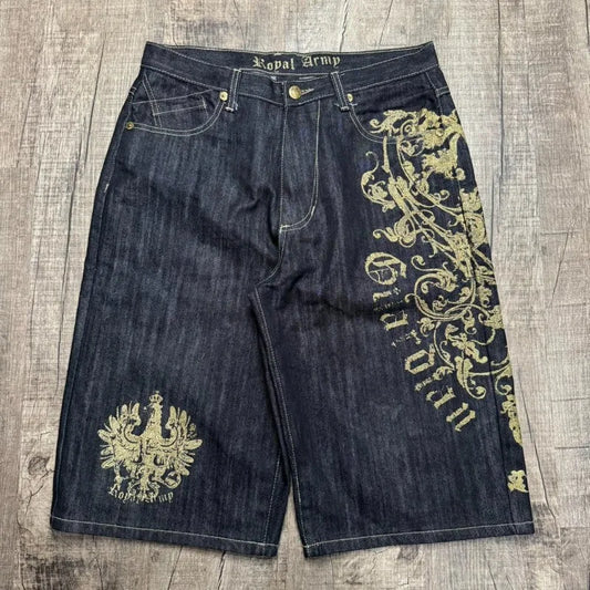 American Vintage Popular New Yellow Print Loose Denim Shorts Men Streetwear Fashion Gothic Casual Joker Shorts Women Clothing