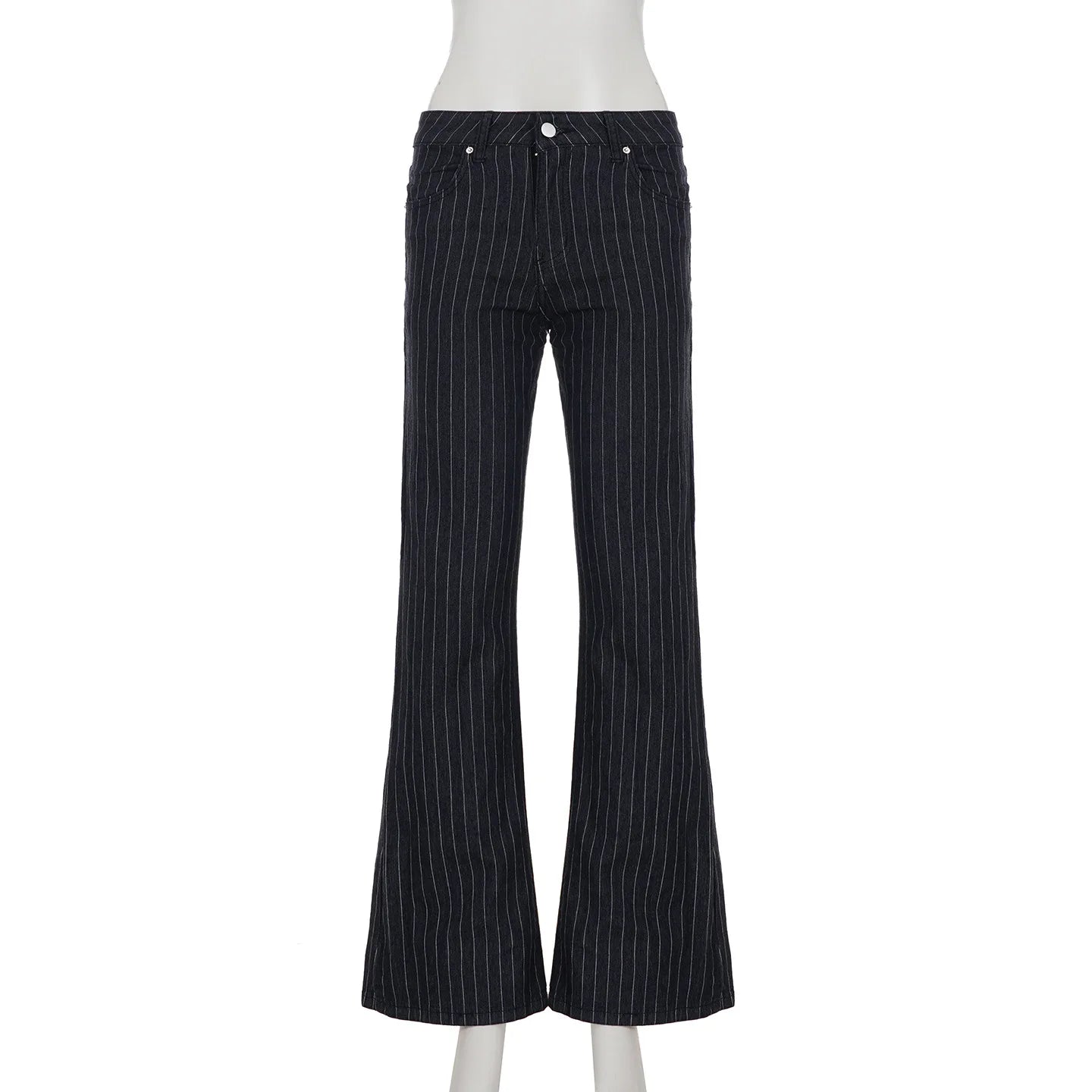 2000s Clothes Y2k Low Rise Boot Cut Jeans Woman Casual Black Striped Denim Trousers Streetwear Flare Pants P77-DD25