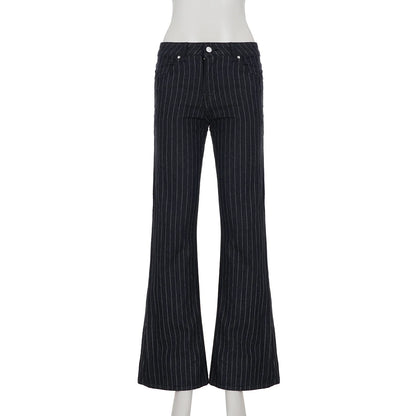 2000s Clothes Y2k Low Rise Boot Cut Jeans Woman Casual Black Striped Denim Trousers Streetwear Flare Pants P77-DD25