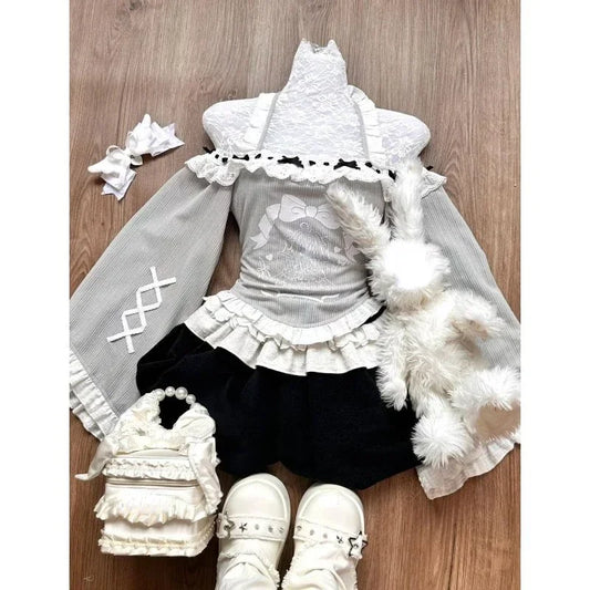 Y2k High Waist Lolita Short Skirt Suit France Vintage Slim Slash Neck Print 2 Piece Set Women Sweet Cute Off Shoulder Top Female