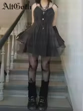 AltGoth Y2k Gothic Mesh Dress Women Fairycore Grunge Streetwear Sexy Spaghetti Strap High Waist A-line Dress Soft Goth Outfits