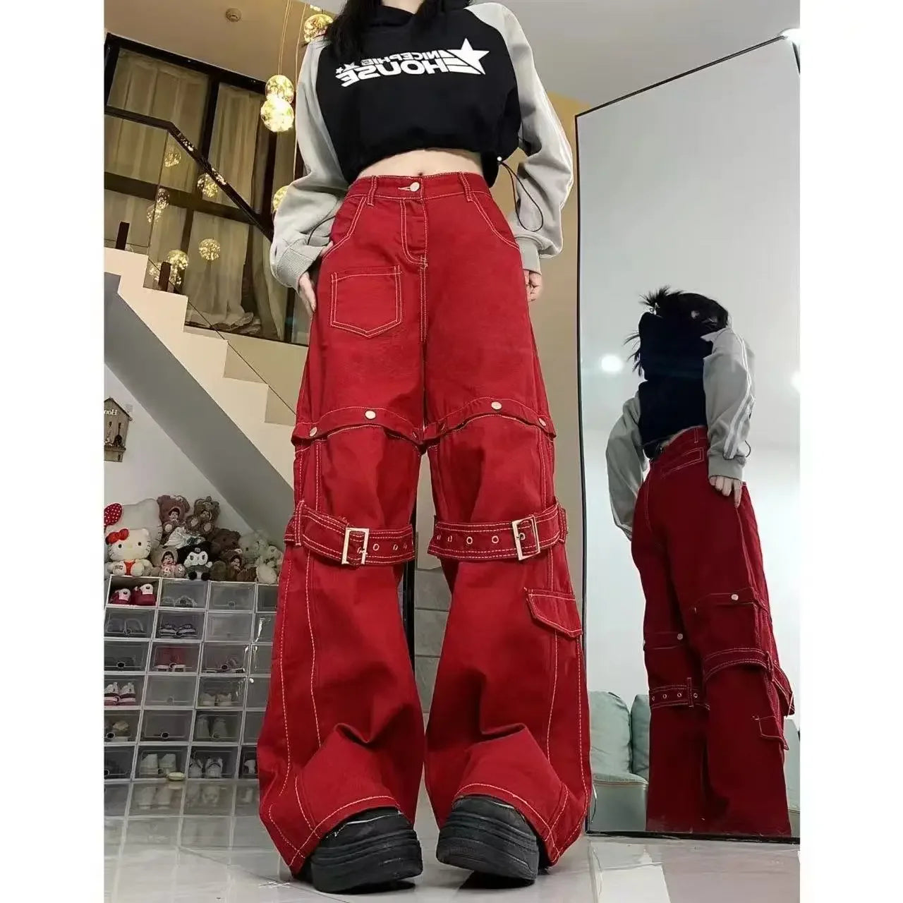 90s Skeleton Handprint Wide Leg Jeans High Street Niche Design Dark Tone Flared Hem Long Pants Streetwear Chic Drop Crotch
