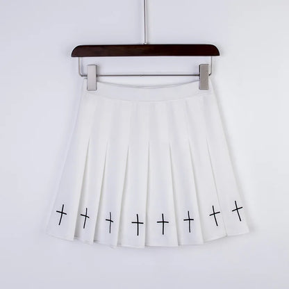 2024 Women Harajuku Sweet Fresh Feeling High Waist Pleated Skirt Elastic Waist Cross Embroidery Skirt black skirt Pleated Skirt