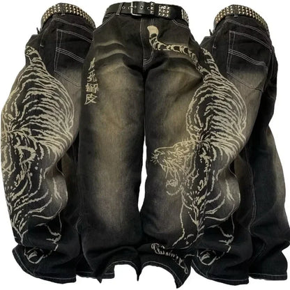 2025 New American Trend Vintage Hip-hop Embroidery Pattern Baggy Jeans Men And Women Y2K Harajuku Gothic Wide Pants Streetwear