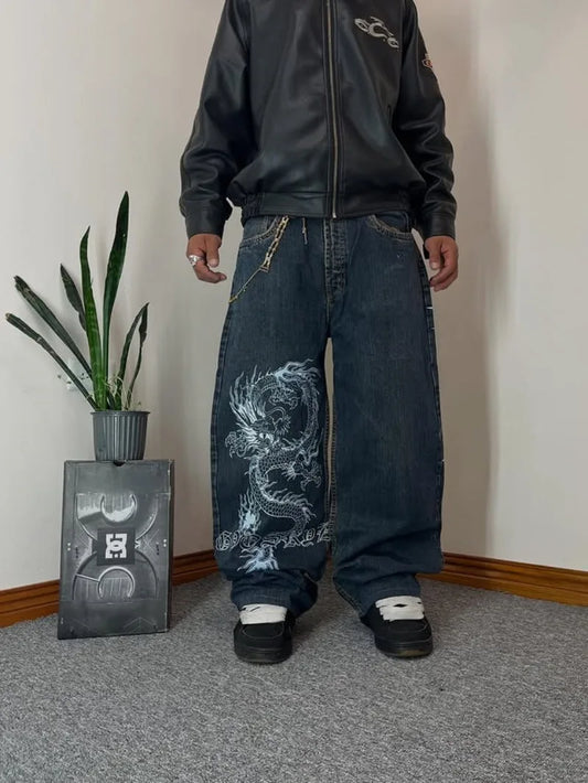 Y2K Mens Dragon Print Loose Fit Baggy Jeans Denim High Street Urban Casual Trendy Fashion Hip Hop Streetwear Daily Wear Style