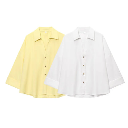2025  AZRAF Women Summer Fashion New Blended Wide Sleeve Shirt Unique V-neck Joker Button Loose Top Blouses Mujer