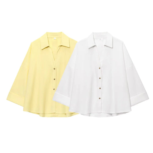 2025  AZRAF Women Summer Fashion New Blended Wide Sleeve Shirt Unique V-neck Joker Button Loose Top Blouses Mujer