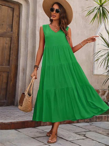 2024 Women Dress Summer Casual Brand Vacation Holiday Beach Long Dresses V-neck Loose Elegant Yellow Black RUFFLES Dress Femme