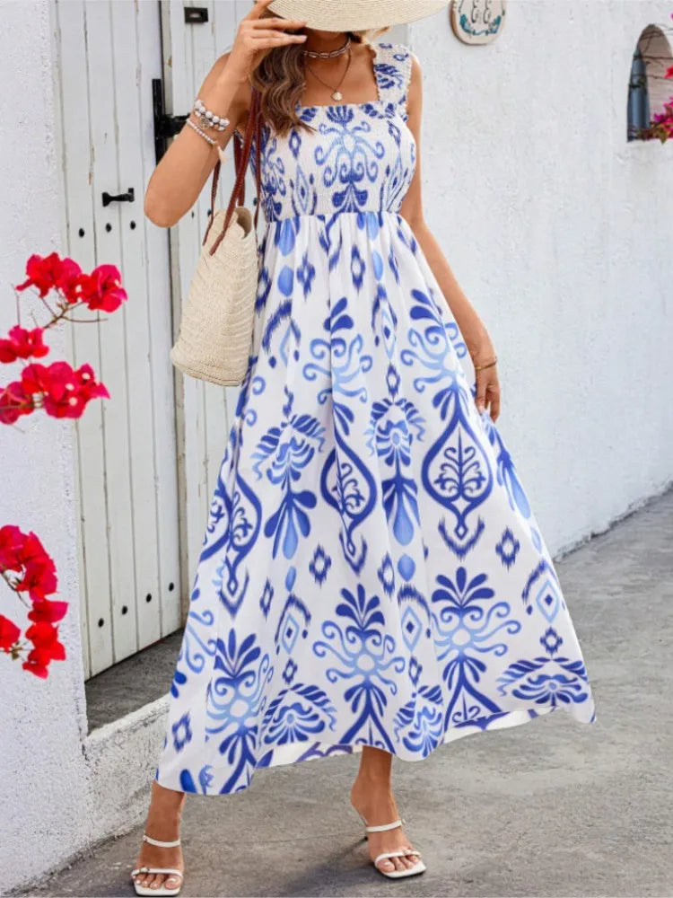 2024 Women's New Vacation Style Fashion Printed One Piece Neck Front Cross Sexy Sleeveless Strap Long Ankle Dress