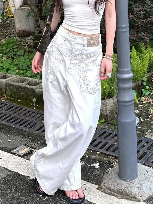 Y2k Retro Pocket Embroidered Jeans Denim Pants Harajuku High Waisted Wide Leg Jeans Casual High Street Women Clothing