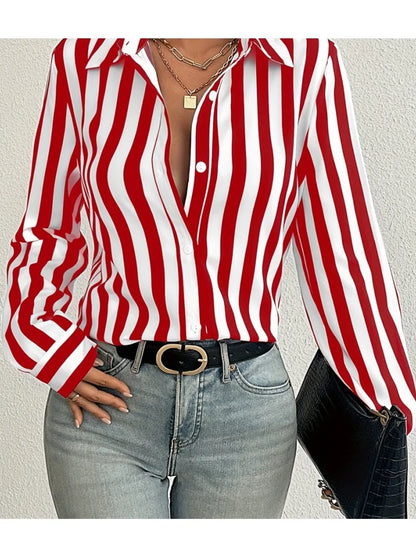 2024 Elegant Black Striped Printed Long-sleeved Shirt For Women Fashion Lapel Button-down Shirt Temperament Office Cardigan