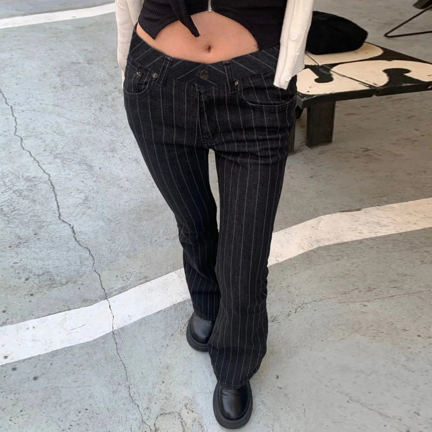 2000s Clothes Y2k Low Rise Boot Cut Jeans Woman Casual Black Striped Denim Trousers Streetwear Flare Pants P77-DD25